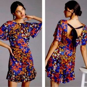 Anthropologie Ruffled Satin Floral Mini Dress Size 6P